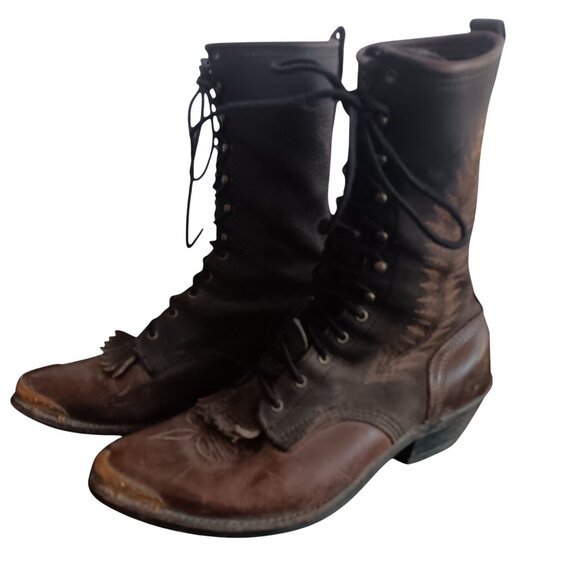 Vintage Women's Boots 9M Rancher Cowgirl Packer Lug Lace-Up Western Gold Caps - Picture 3 of 11